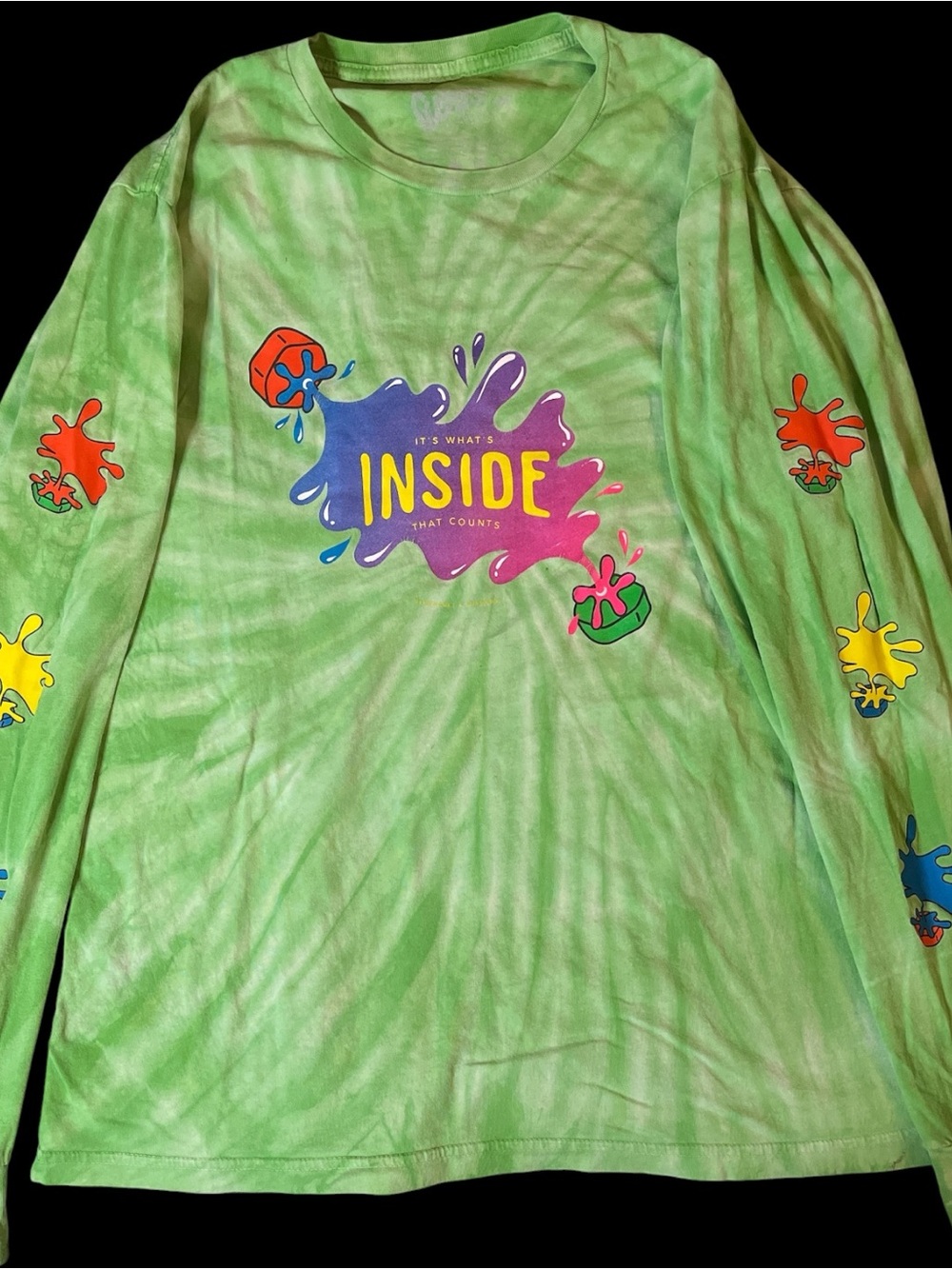 Gushers Green Mens Medium Tie-Dye Long-Sleeve Tee with Multicolor Splash Graphic